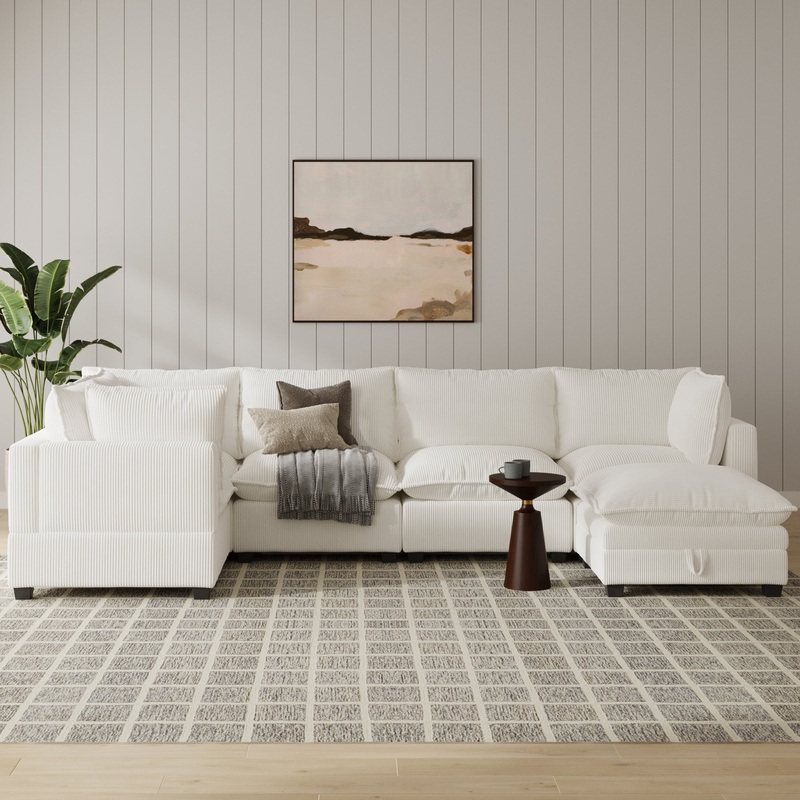 Corduroy 5-Seat Sectional Cloud Sofa Couch & Storage Ottoman Pearl White