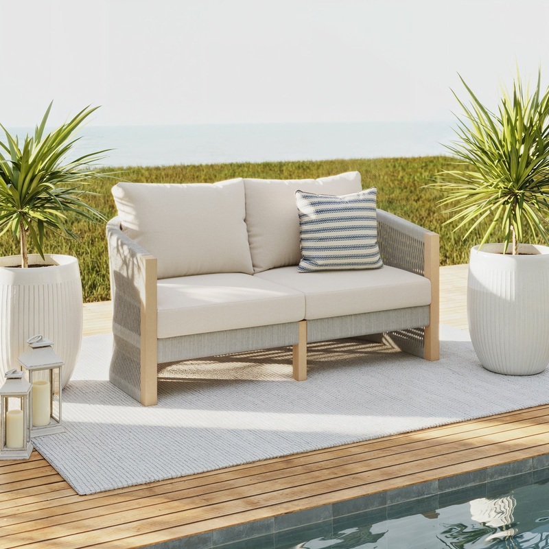 Outdoor Wood & Rope Patio Loveseat Ash White