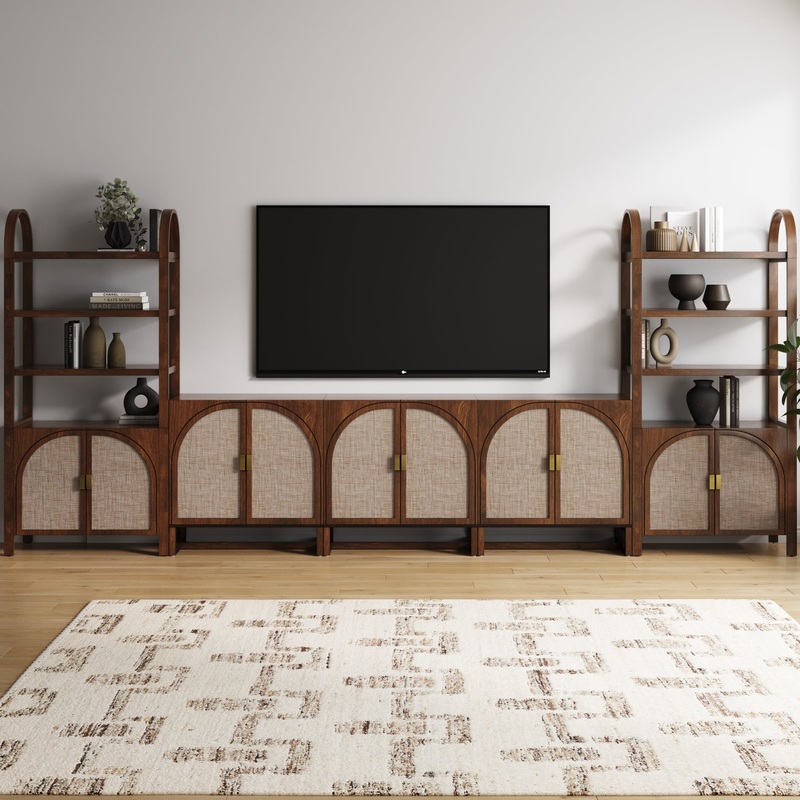 Arched Bookshelf Entertainment Center for 75″ TV Dark Acacia