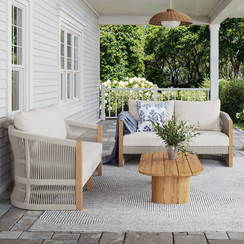 Outdoor Wood & Rope Patio Loveseats Ash White (Set of 2)