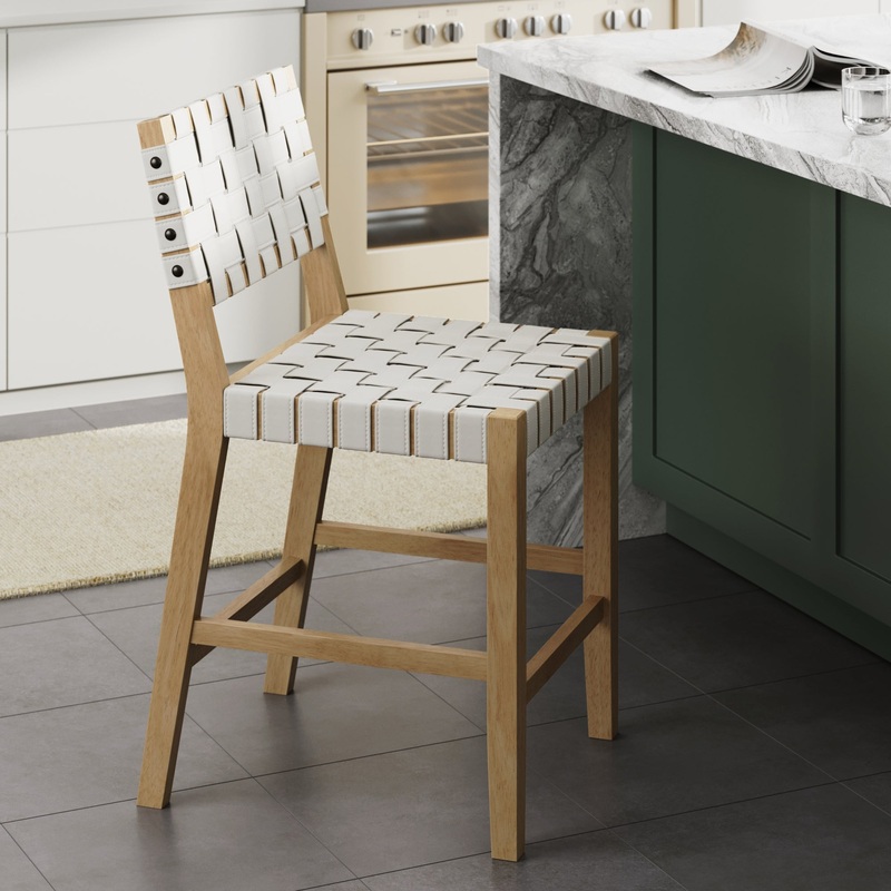 Faux Leather Woven Counter Height Bar Stool Off White