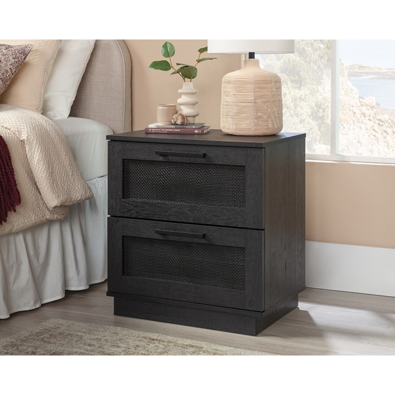 Tiffin Line 2-Drawer Rattan Night Stand Raven Oak (433511)  Sauder