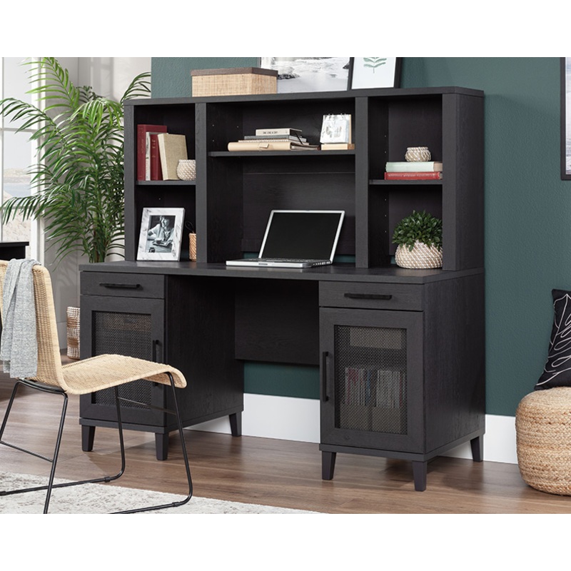 Tiffin Line Double Pedestal Desk & Hutch Raven Oak (443704)  Sauder