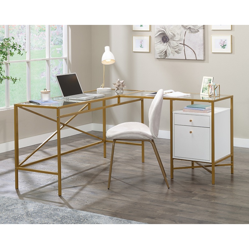 Harper Heights Glass Top L-Shaped Desk White (433646)  Sauder