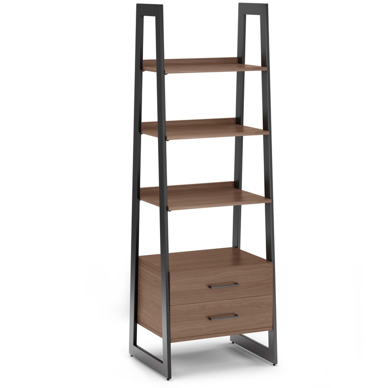 Bookcases Sawhorse Solid Walnut Veneer and Metal Ladder Shelf with Storage