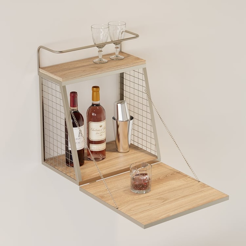 Industrial Floating Bar Table with Storage Natural Wood Hanging Cocktail Bar