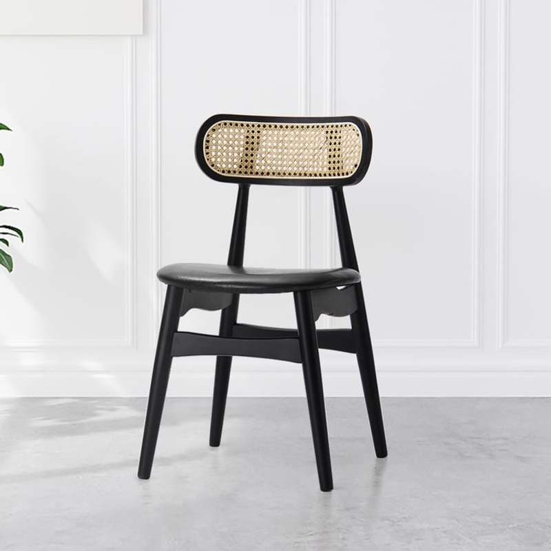 Set of 6 Japandi Modern Wood Dining Chair with Faux Leather Upholstery Black