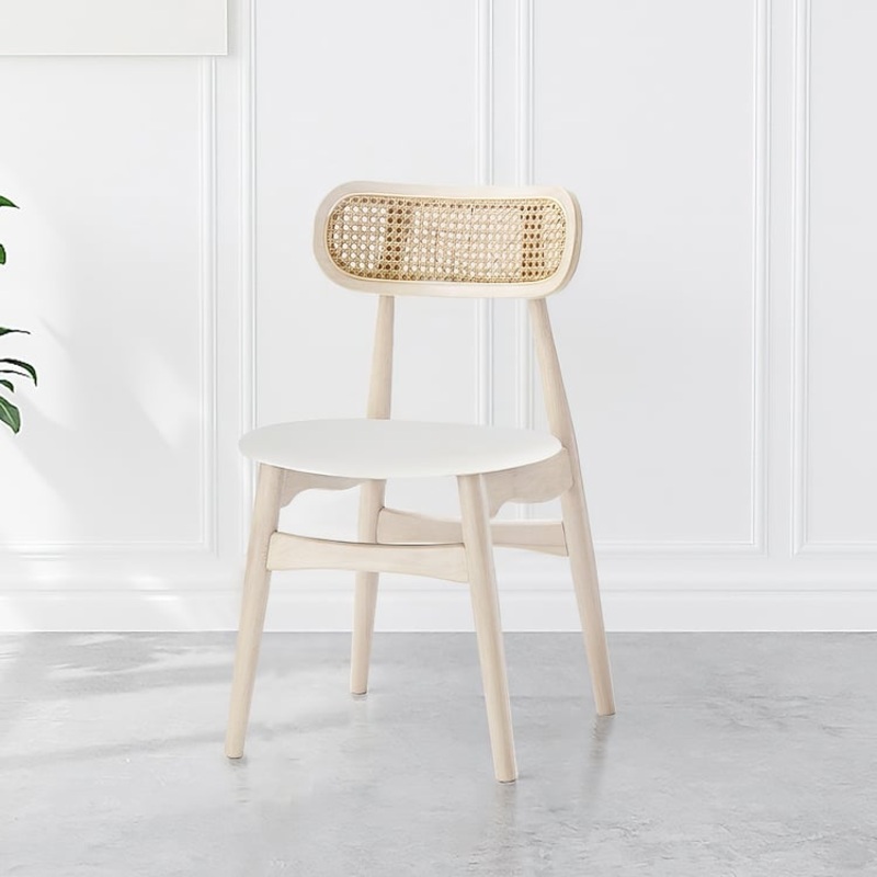 Set of 6 Japandi Modern Wood Dining Chair with Faux Leather Upholstery Bleached Wood