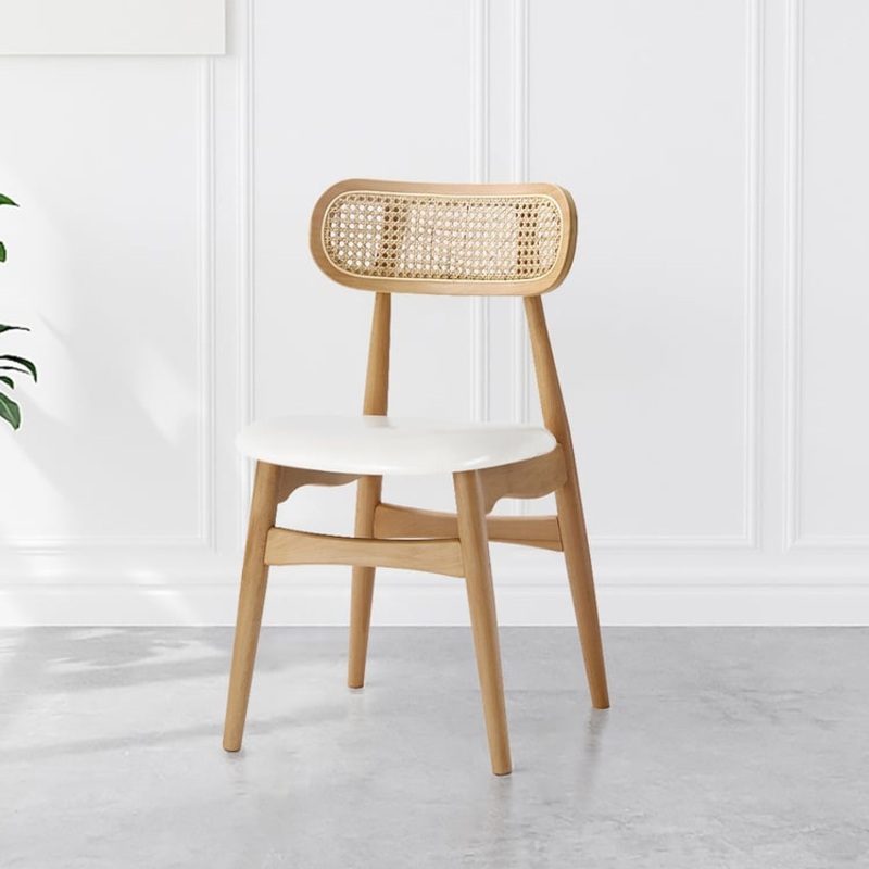 Set of 8 Japandi Modern Wood Dining Chair with Faux Leather Upholstery Natural
