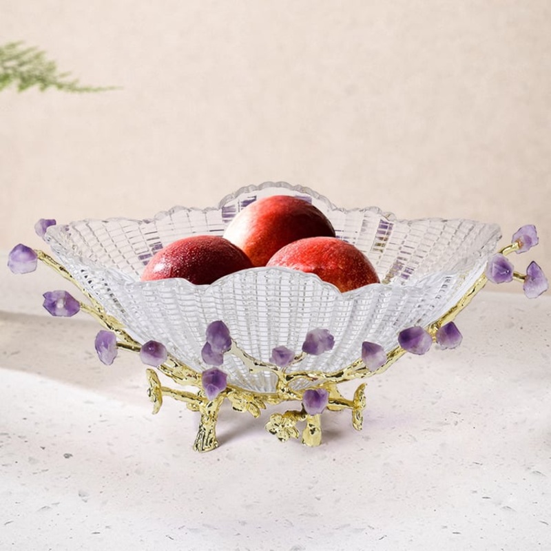 Glass Branch Fruit Bowl Basket Decor Serving Tray in Gold & Purple