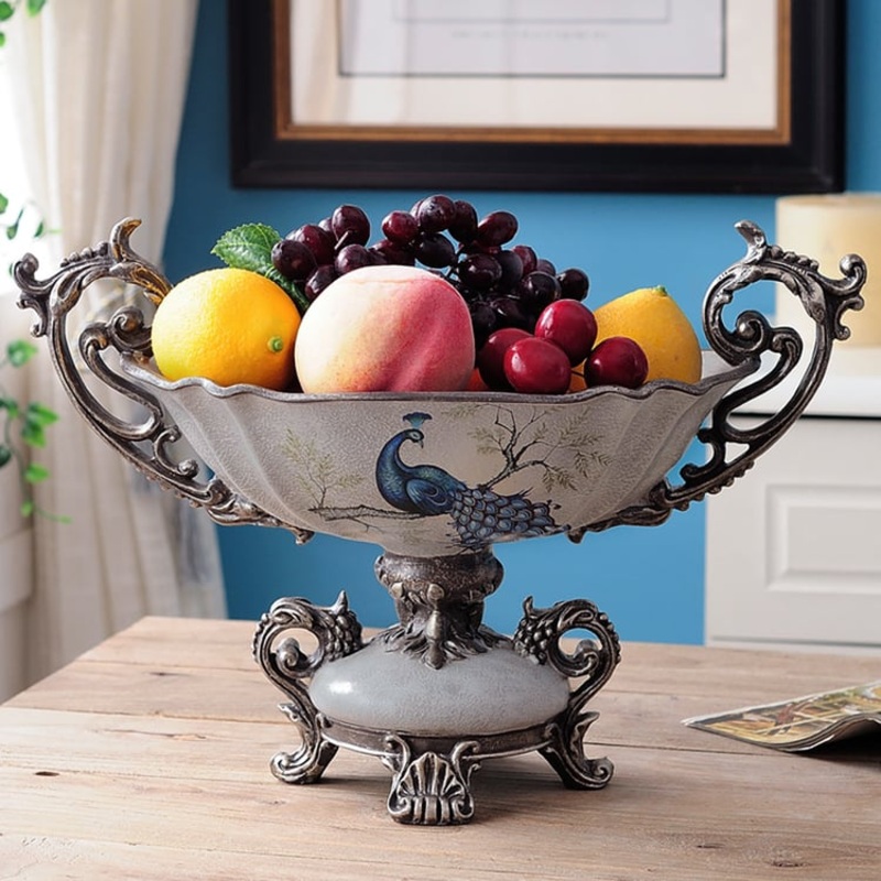 Gray & Blue Resin Fruit Basket Bowl Decor Snack Tray Storage with Handle