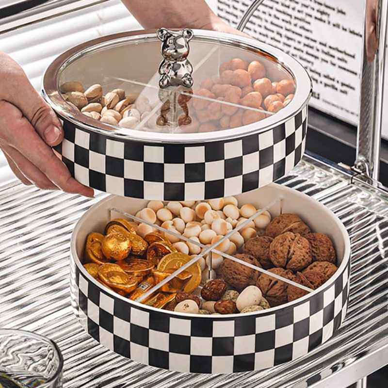 Modern 8.9″ Divided Serving Tray with Lid 2 Tiered Snack Tray Food Storage Containers