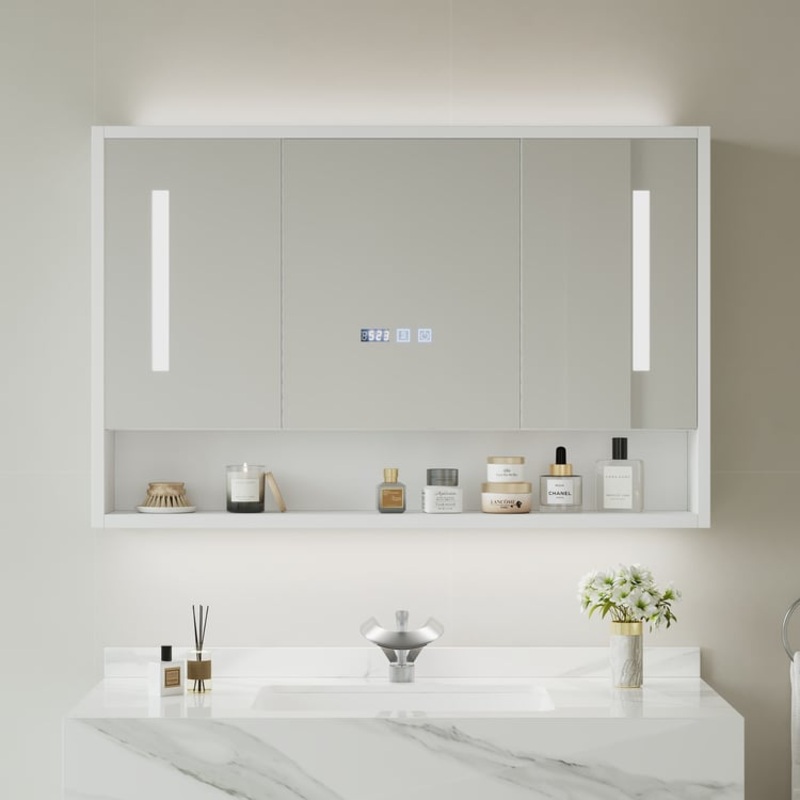 39″ White LED Medicine Cabinet with Adjustable Lighting, Demister & Digital Clock