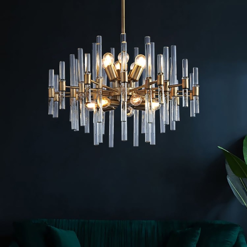 Crylick Contemporary 14-Light Glass Living Room Chandelier in Brass