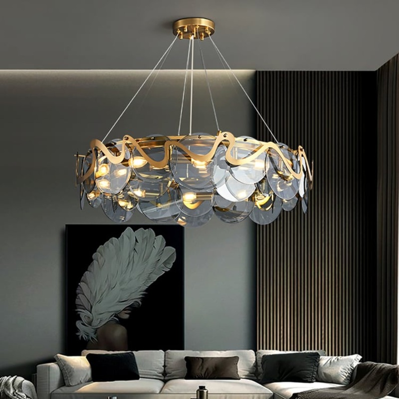 Modern 8-Light Smokey Gray Glass Chandelier with Adjustable Cables