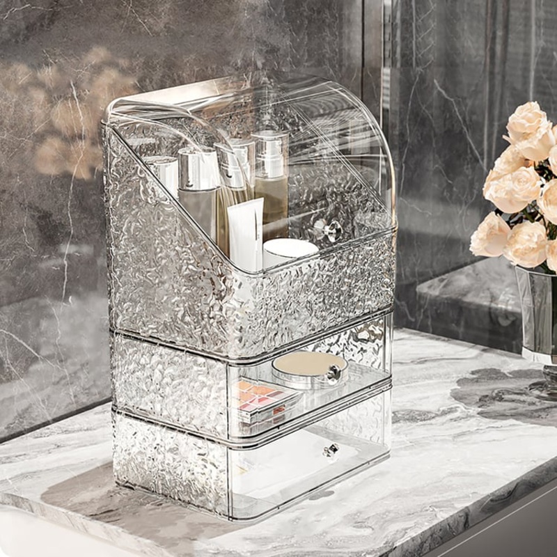 Water Ripple Makeup Organizer Desktop Cosmetic Storage Box with 2 Drawers in Clear