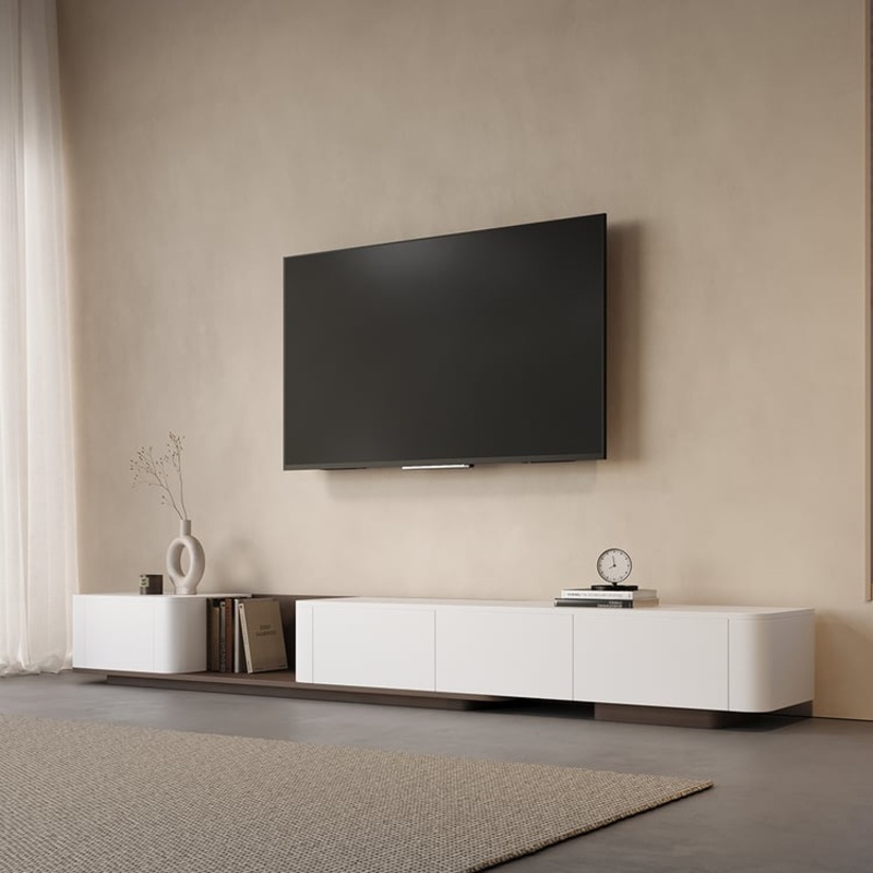 118.1″ Walnut & Off White Modern Wood Extendable TV Stand with 4 Drawer Media Console