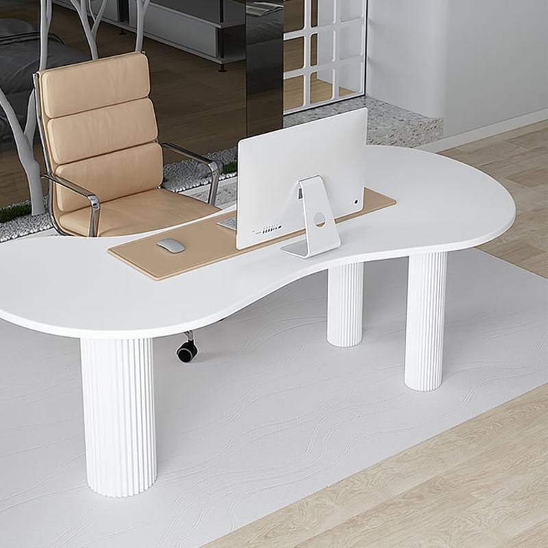 55.1″ White Curved Pedestal Writing Desk with 3 Legs for Home Office