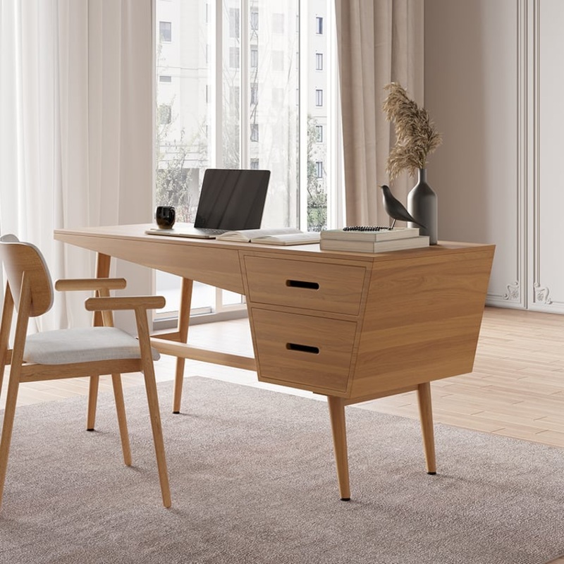 59.1″ Mid Century Modern Natural Writing Desk Wooden Computer Desk with 2 Drawers 4 Legs