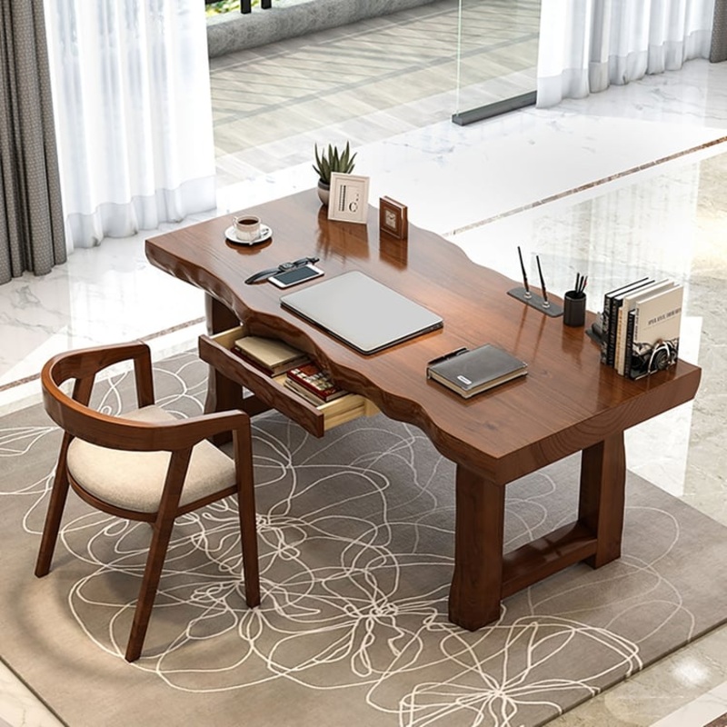 59.1″ Modern Walnut Home Office Desk with Drawer Storage Pine Wood Desk