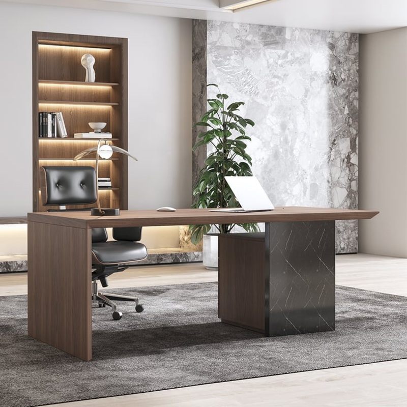 60″ Modern Wooden Desk Walnut Home Office Desk & Home Office Chair Set Adjustable Height