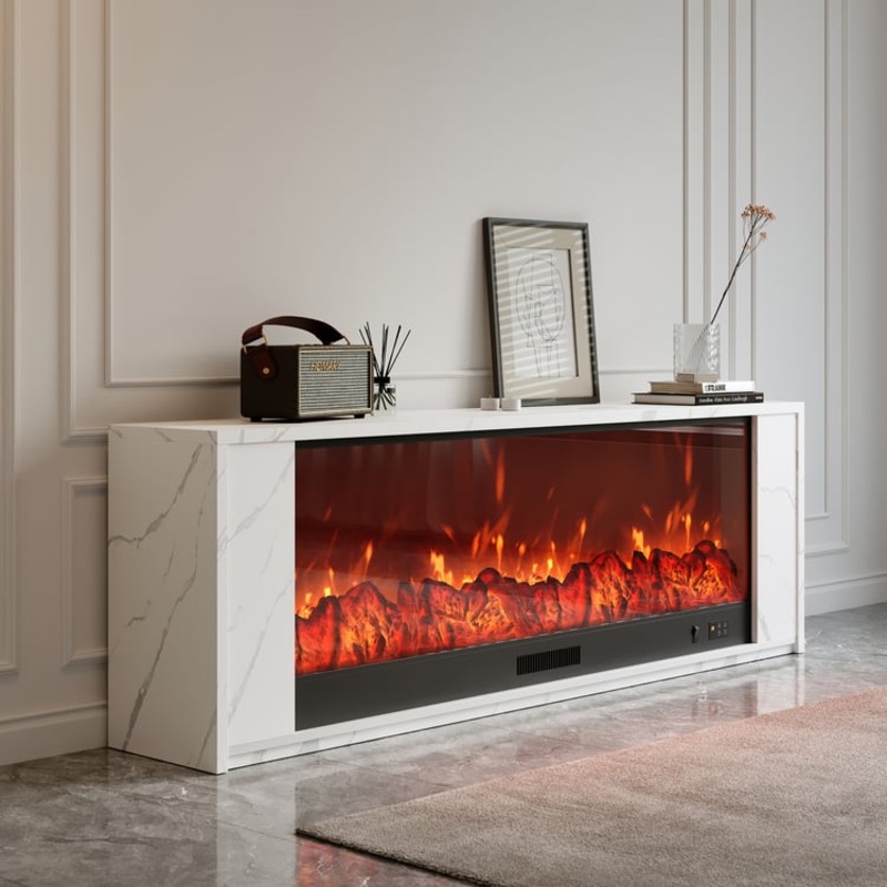 71″ Marble Veneer Electric Fireplace TV Stand with Remote Control