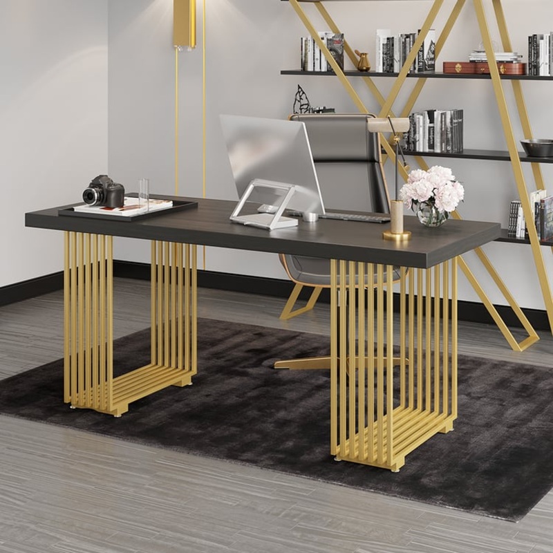 71″ Rectangular Modern Home Office Desk with Solid Wood Table Top and Shelf Gold Leg