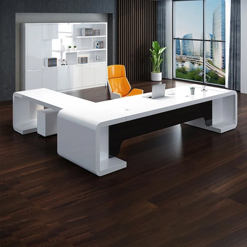 78.7″ L-Shaped Modern  Executive Desk of Right Hand with Drawers in White & Black