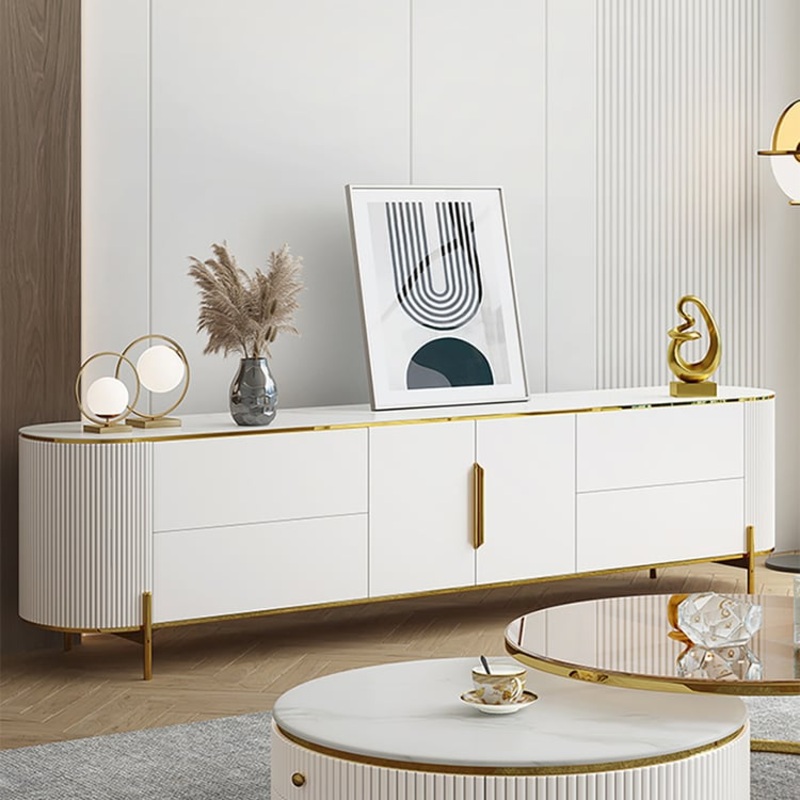 86.6″ Modern Elegant Oval TV Console with Drawers & Doors in White