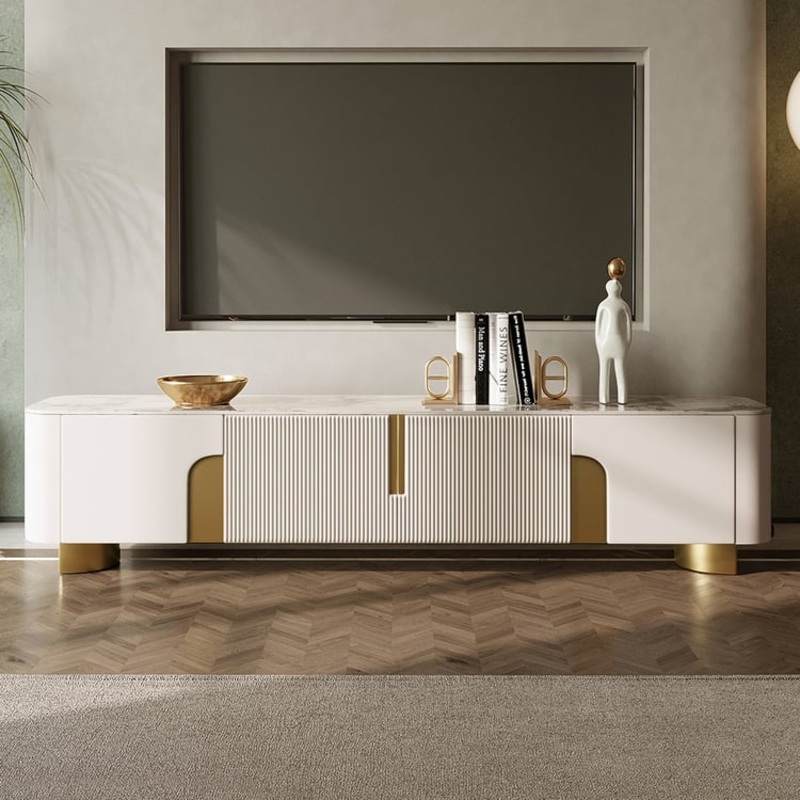 Artus 78.7″ Stone Top Beige & Gold TV Stand with 4 Doors and Storage