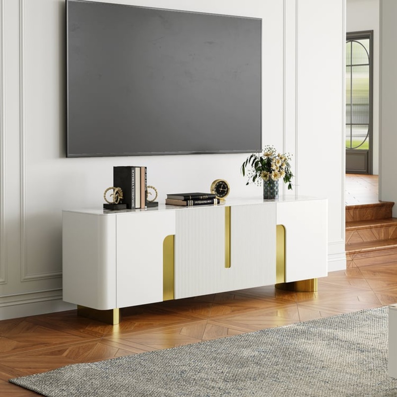Artus Modern Beige TV Stand Stone Top 4 Doors with Storage Media Console TVs up to 85″