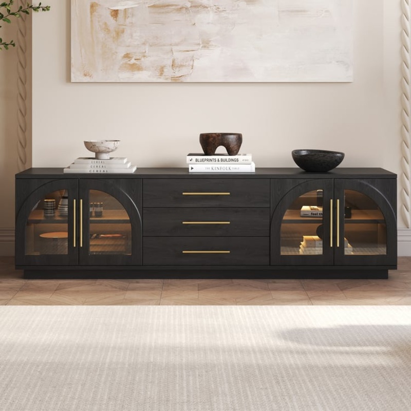 Arune 72″ Arched Glass Doors TV Stand with Storage and LED