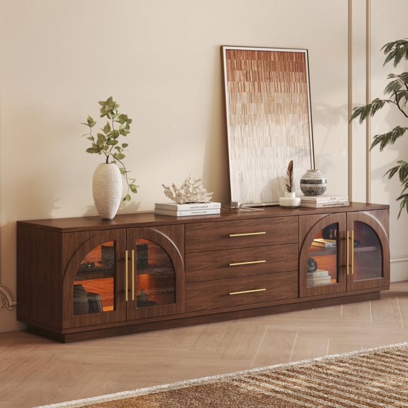 Arune 80″ Arched Glass Doors Walnut TV Stand with Storage and LED