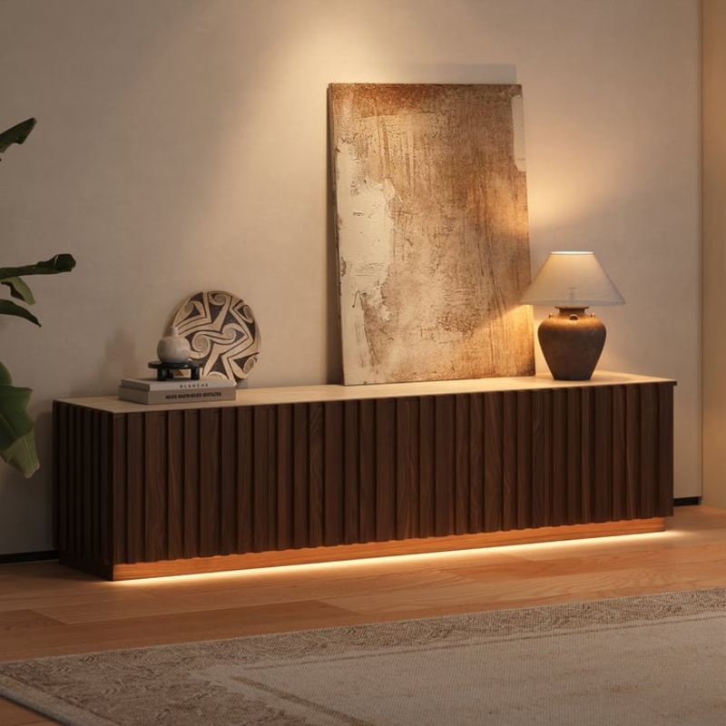 Aura 83″ Ash Wood Slatted Walnut TV Stand with Sintered Stone Top