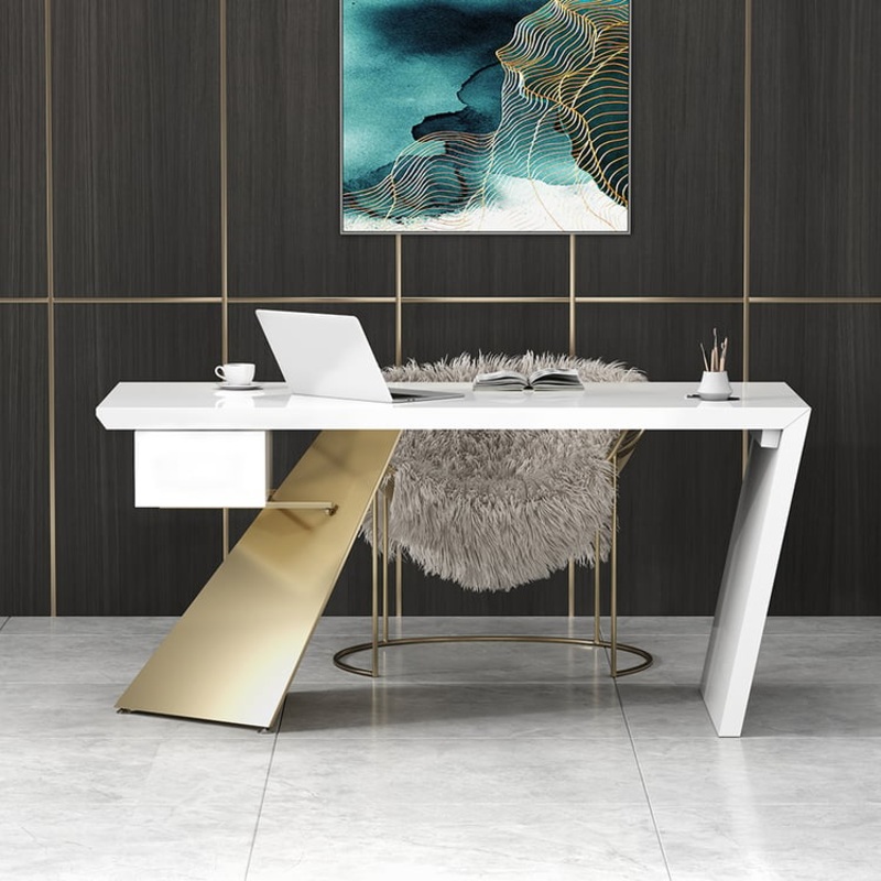 Cabstract Modern White & Gold Office Desk with Drawer (63″)