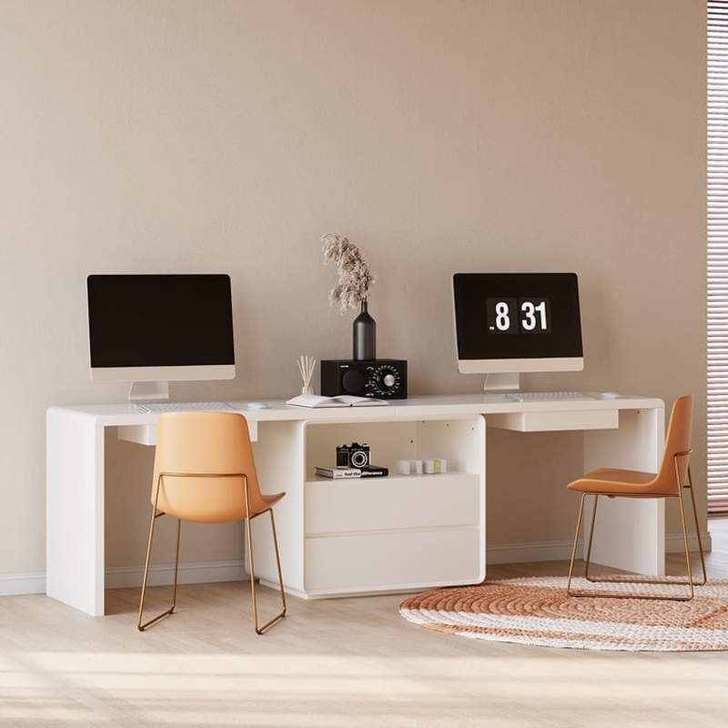 Double Desk for 2 People with 4 Drawers & Cabinet, 94.5″ Modern White Computer Desk