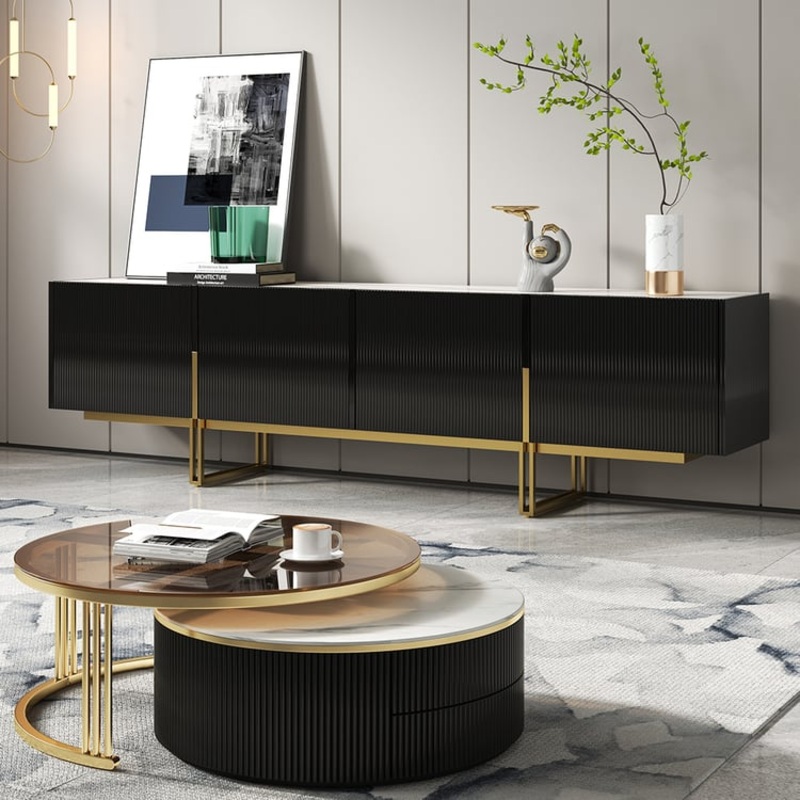 Grovyn 87″ Sintered Stone Top Fluted TV Stand with Storage