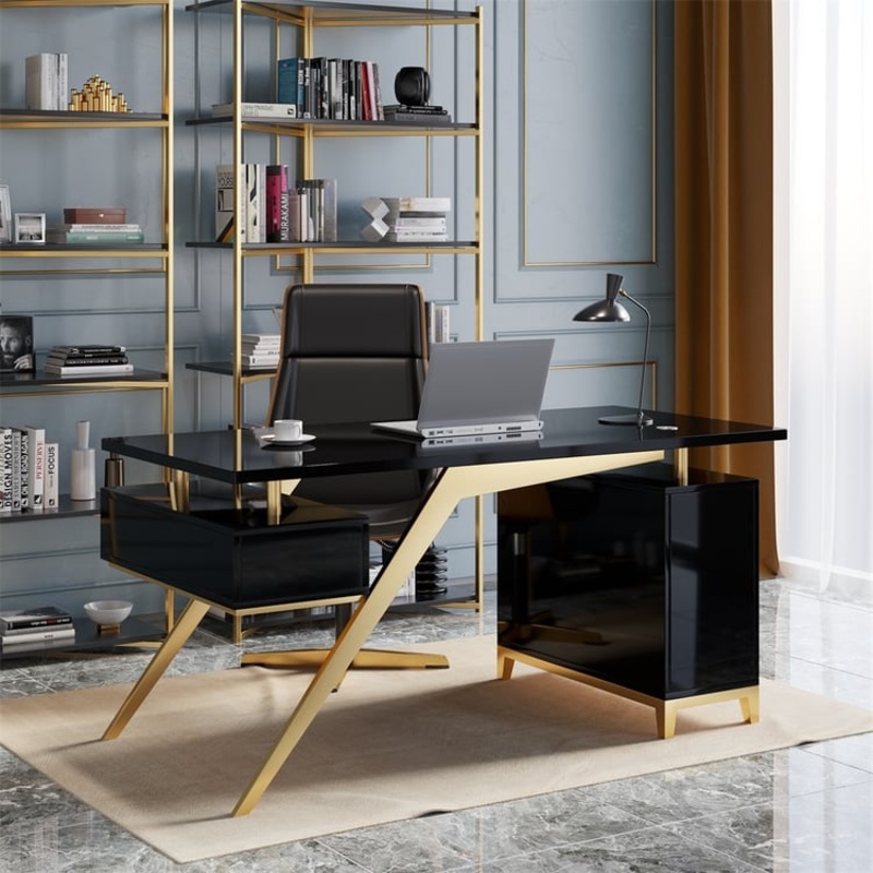 Hungled 55″ Modern Black and Gold Office Wooden Writing Desk with Storage File Cabinet
