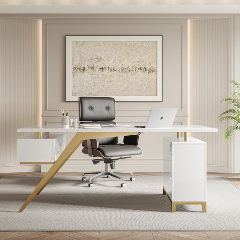 Hungled 71″ Modern White Computer Desk Luxury Gold Office Desk with Storage & 1 Cabinet