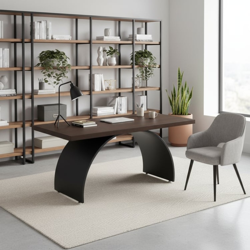 Industrial Office Desk, 70.9″ Walnut Solid Wood Writing Desk with Metal Base