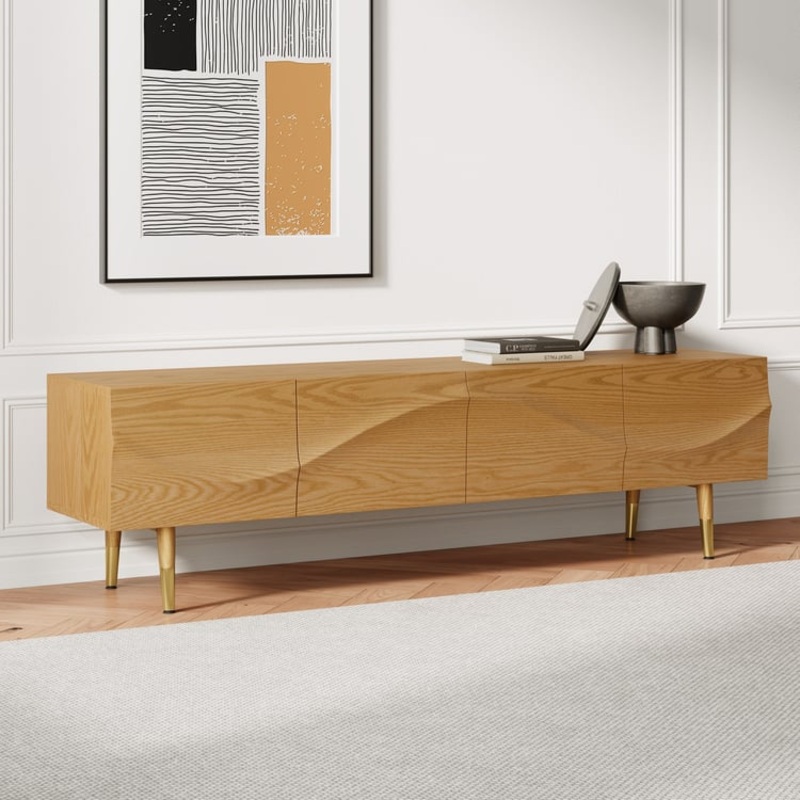 Lake Mid Century TV Stand with Wavy Design Natural Storage 4 Drawers for TVs Up to 75″