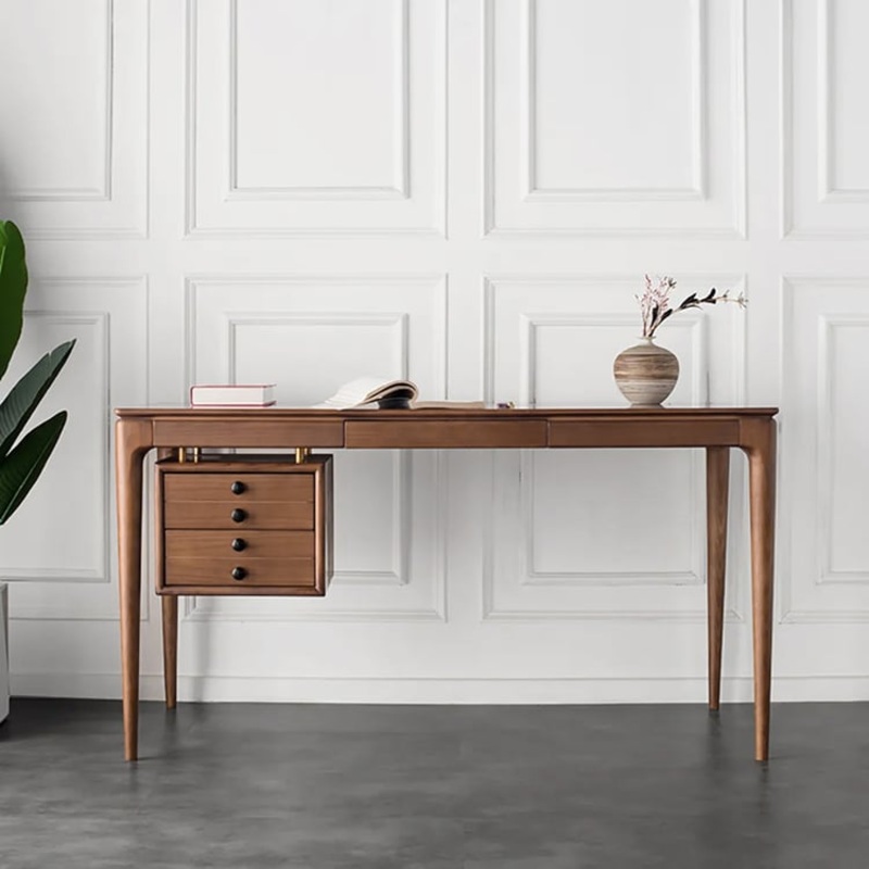 Mid-century Style Walnut Ash Wood Home Office Desk with 3 Drawers (55.1″)