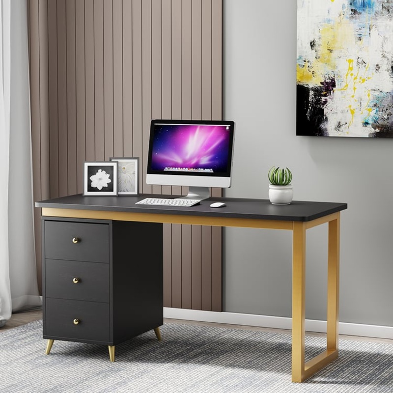 Modern 55″ Black Wooden Home Office Writing Desk with Drawers in Gold