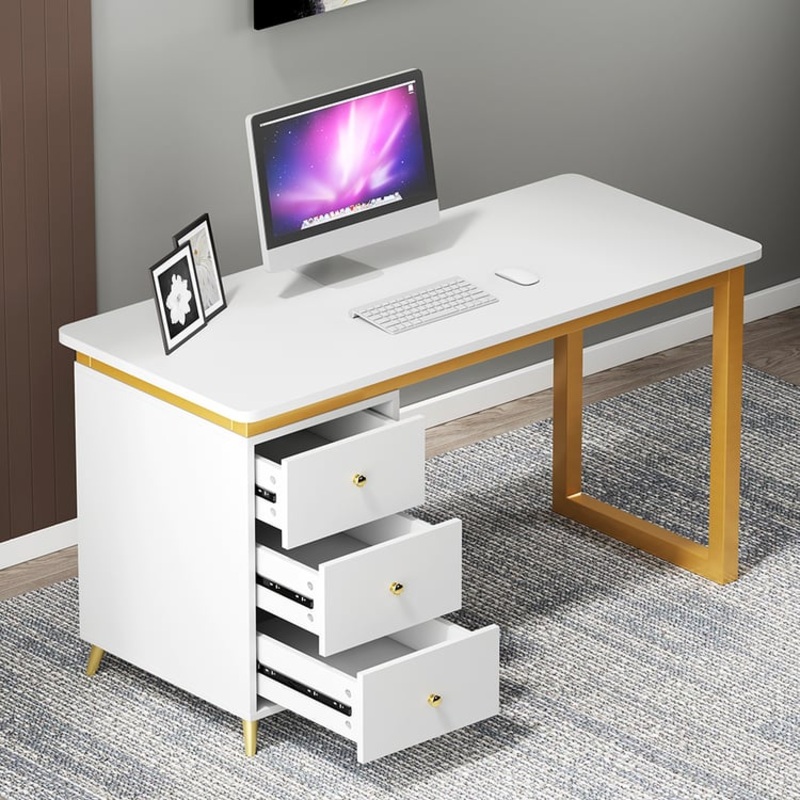Modern 55″ Wooden Home Office White Computer Desk with 3 Drawers & Side Cabinet in Gold