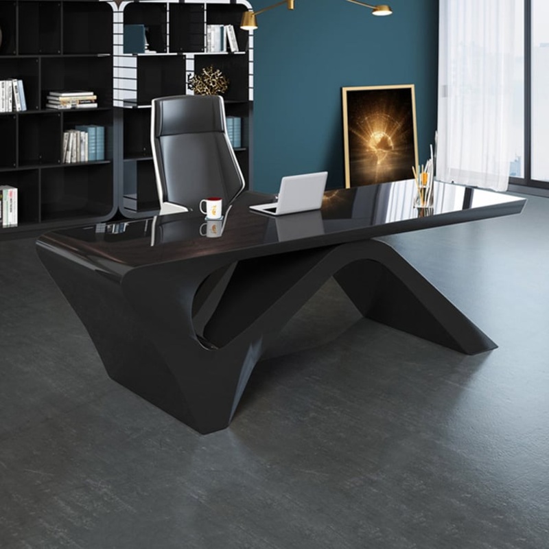 Modern Black Computer Desk Rectangular Office Desk with Pedestal Base (55″)
