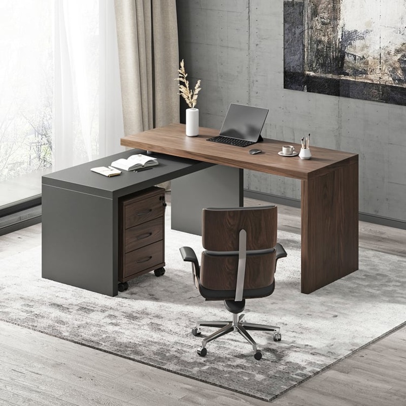 Modern Rotatable L-Shaped Executive Desk with Movable File Cabinet  (59.8″ )