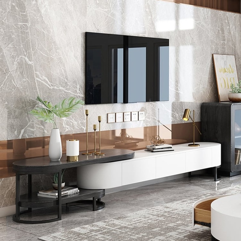 Nesnesis Modern Extending TV Stand with Storage Oval White & Black Media Console