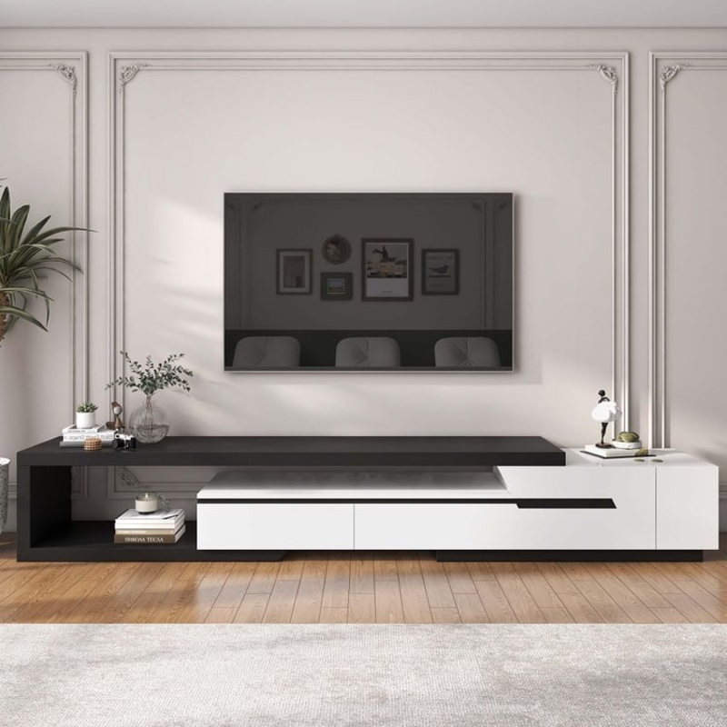 Pinkle Modern Extendable TV Stand White & Black with Storage & Bookshelf & Drawer