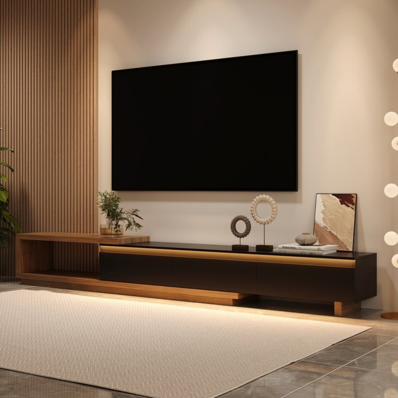 Quoint Extendable TV Stand with 3 Drawers(71″-100″) and Light