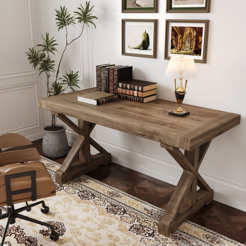 Vintage Style Rectangular Pine Wood Farmhouse Desk in Natural (70.9″)